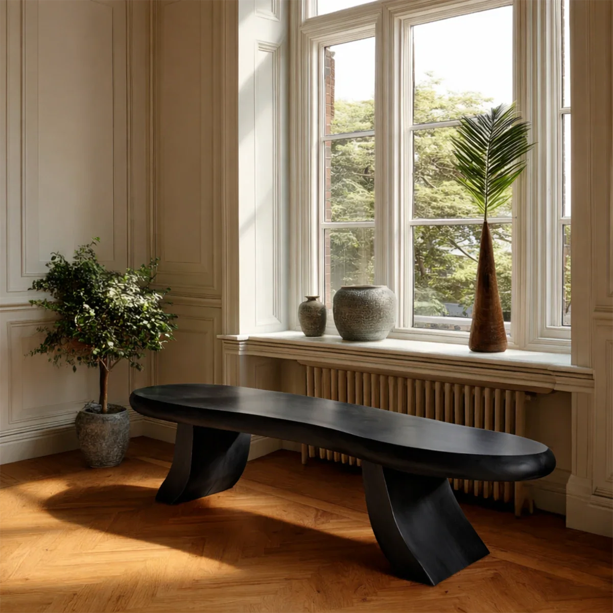 Functional entryway seating bench designed with rounded edges and black tone finish