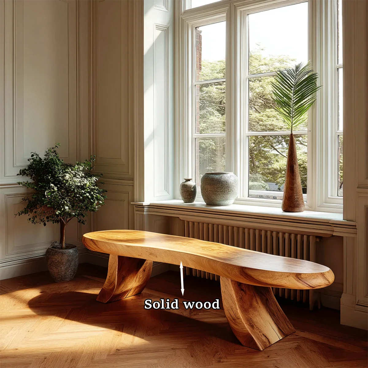 Decorative modern bench featuring elongated curved seat and polished oak tone finish