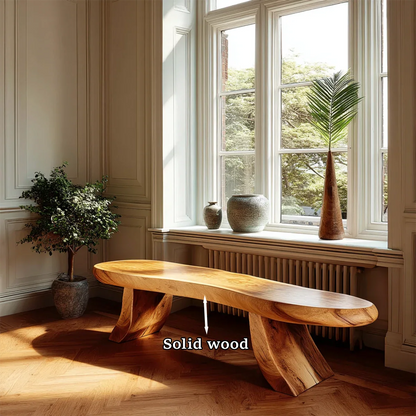 Decorative modern bench featuring elongated curved seat and polished oak tone finish