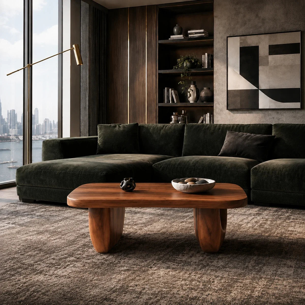 Rounded coffee table designed with bold proportions and rich wood tone appeal indoors