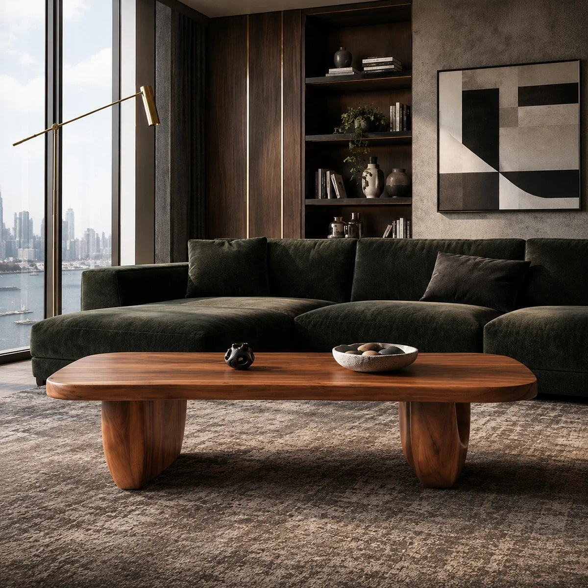 Low profile coffee table with broad surface and warm brown finish for modern decor