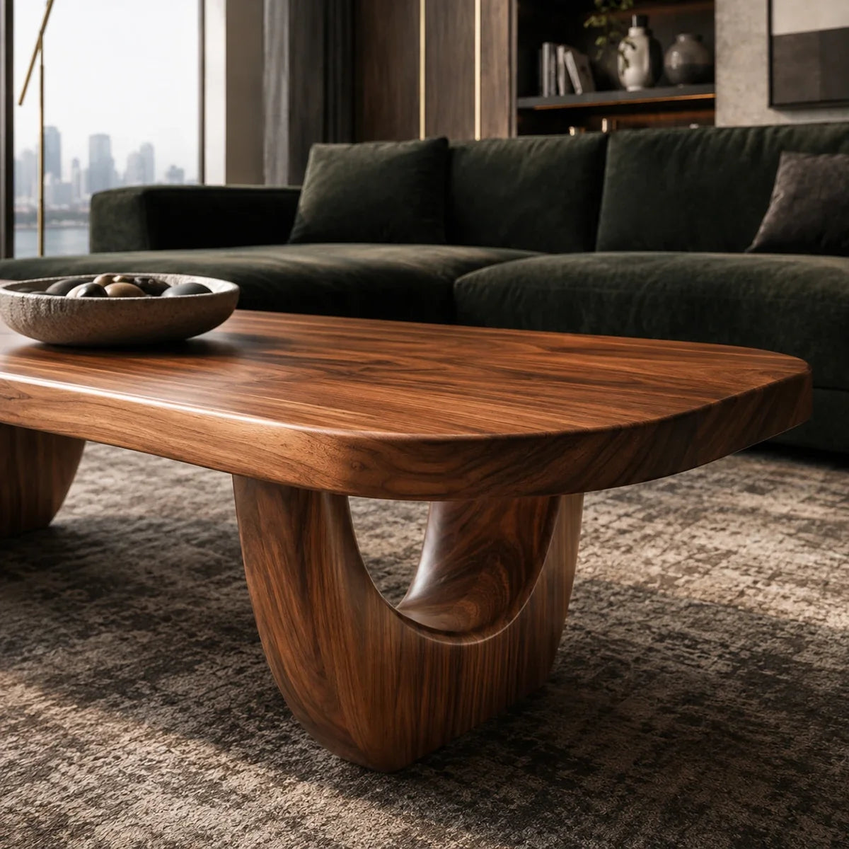 Designer coffee table featuring a soft oval shape and visible grain in city style