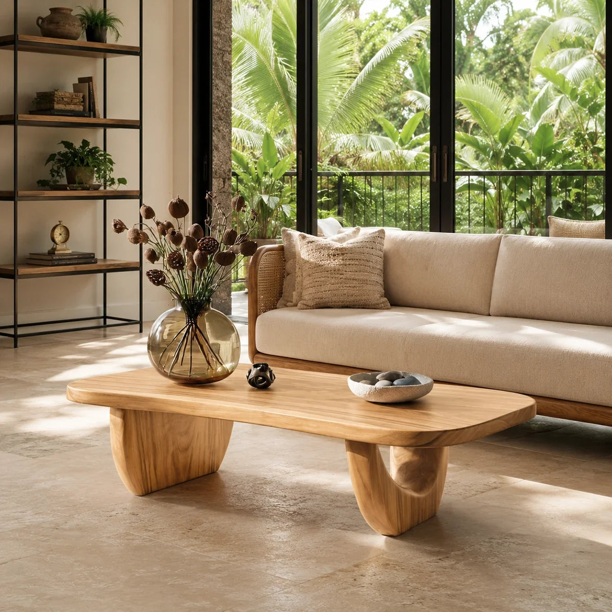 Statement coffee table with elongated top and warm wood tone in a chic lounge space