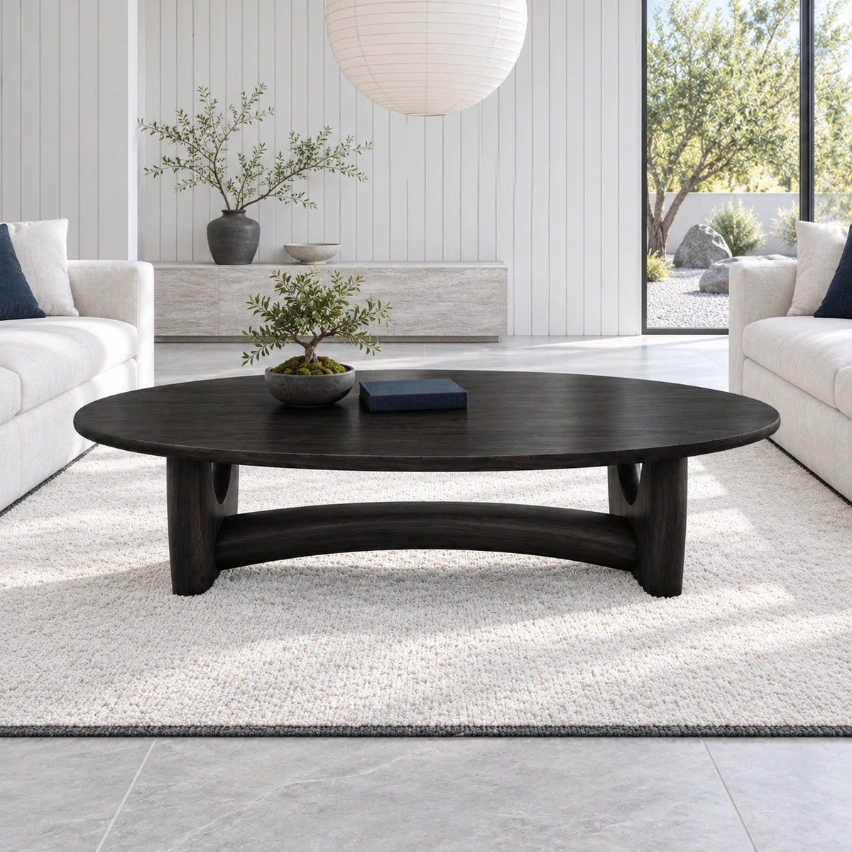 Oval Wood Coffee Table with Thin Elliptical Top on Twin Curved Leg Slabs - Arboriswood - 10
