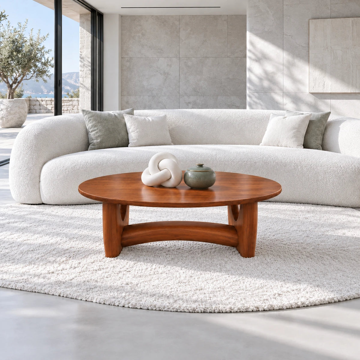 Oval Wood Coffee Table with Thin Elliptical Top on Twin Curved Leg Slabs - Arboriswood - 11