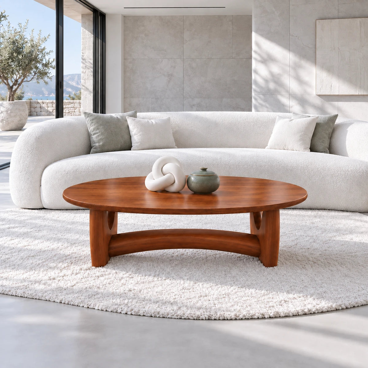 Oval Wood Coffee Table with Thin Elliptical Top on Twin Curved Leg Slabs - Arboriswood - 13