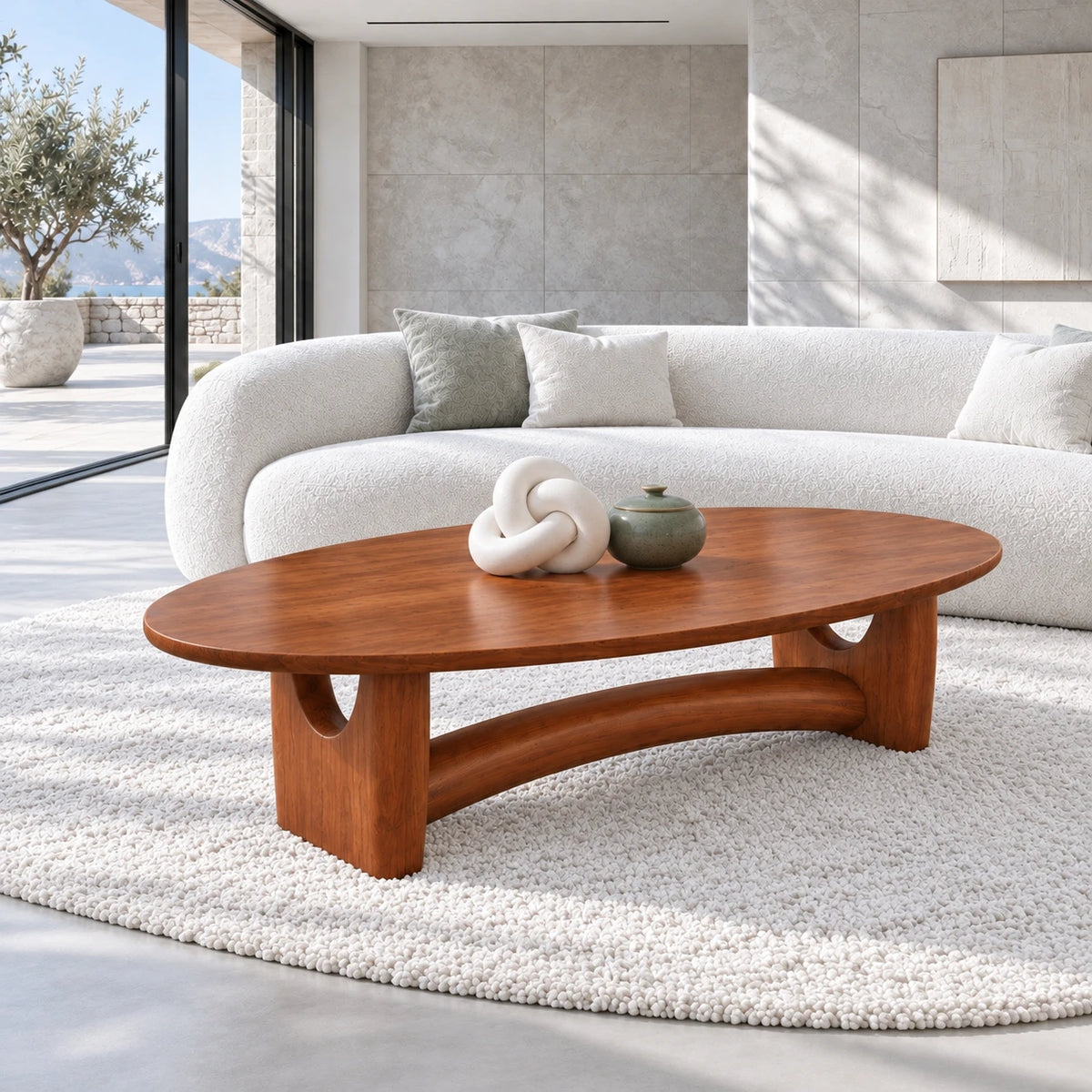 Oval Wood Coffee Table with Thin Elliptical Top on Twin Curved Leg Slabs - Arboriswood - 2