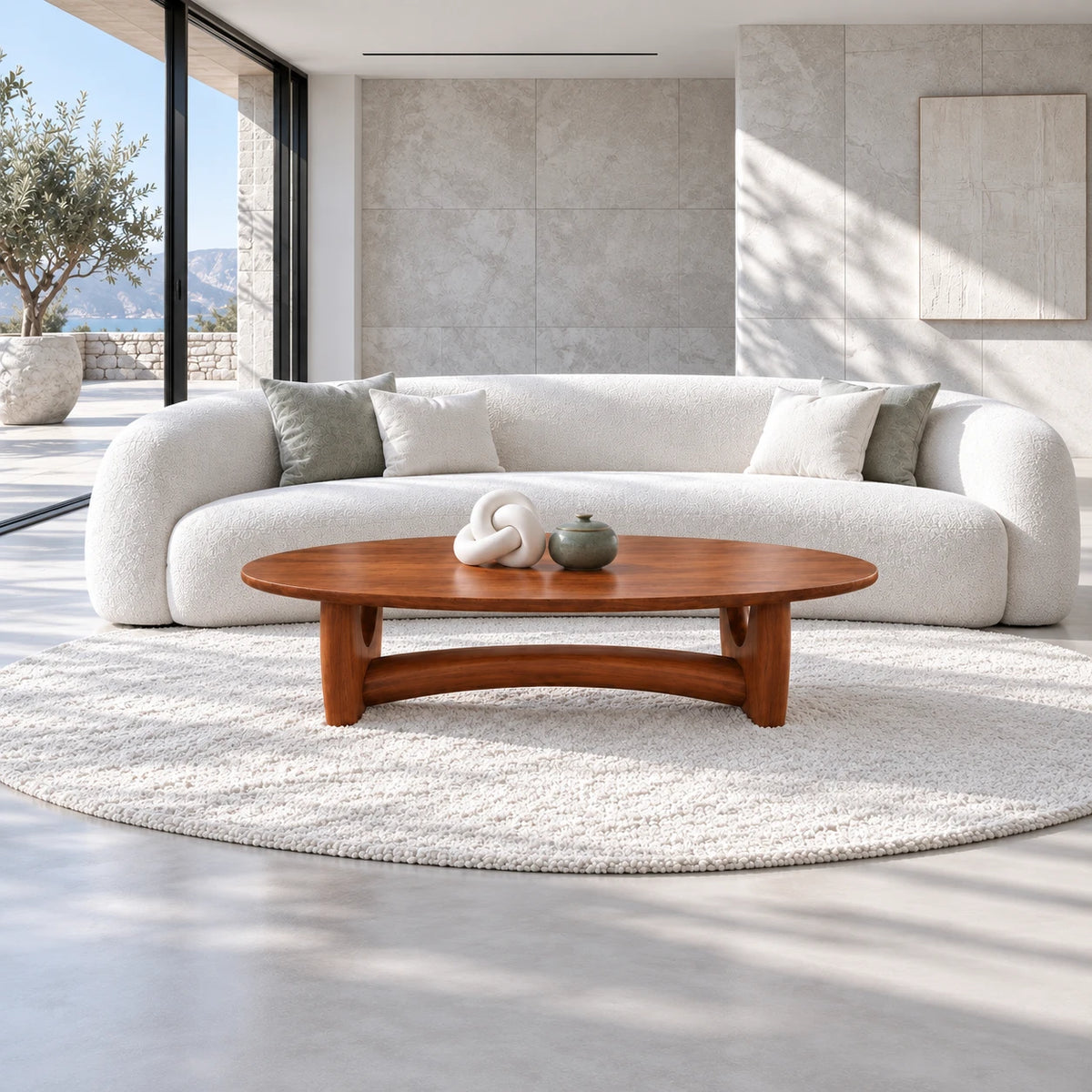 Oval Wood Coffee Table with Thin Elliptical Top on Twin Curved Leg Slabs - Arboriswood - 3