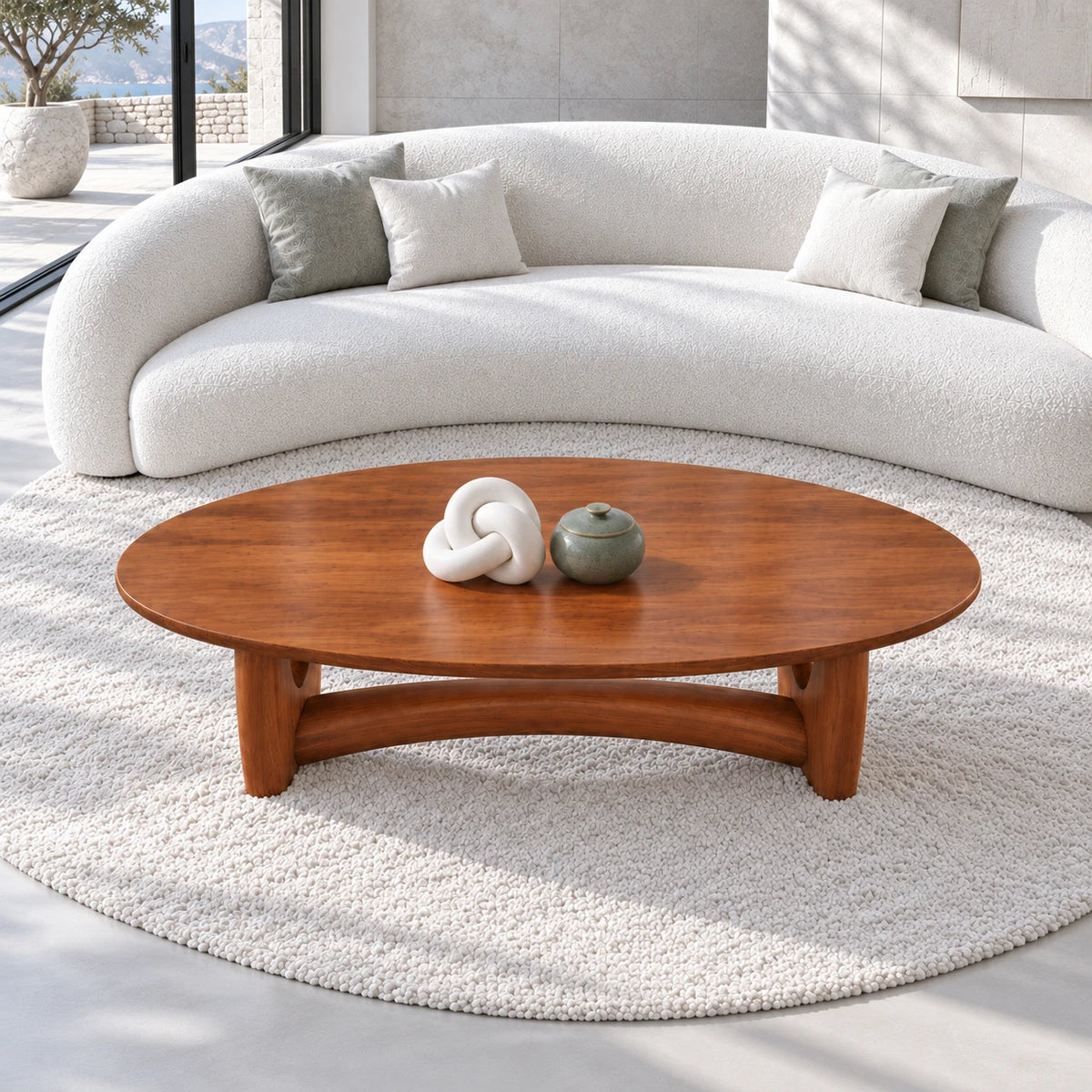 Oval Wood Coffee Table with Thin Elliptical Top on Twin Curved Leg Slabs - Arboriswood - 5