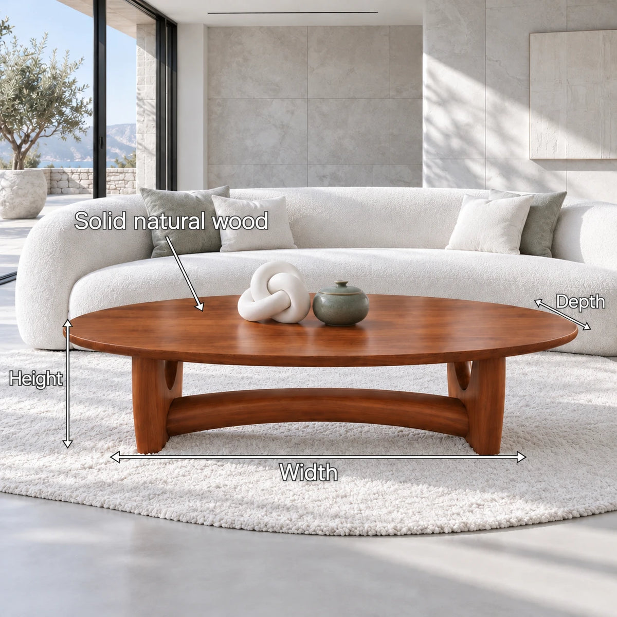 Oval Wood Coffee Table with Thin Elliptical Top on Twin Curved Leg Slabs - Arboriswood - 7