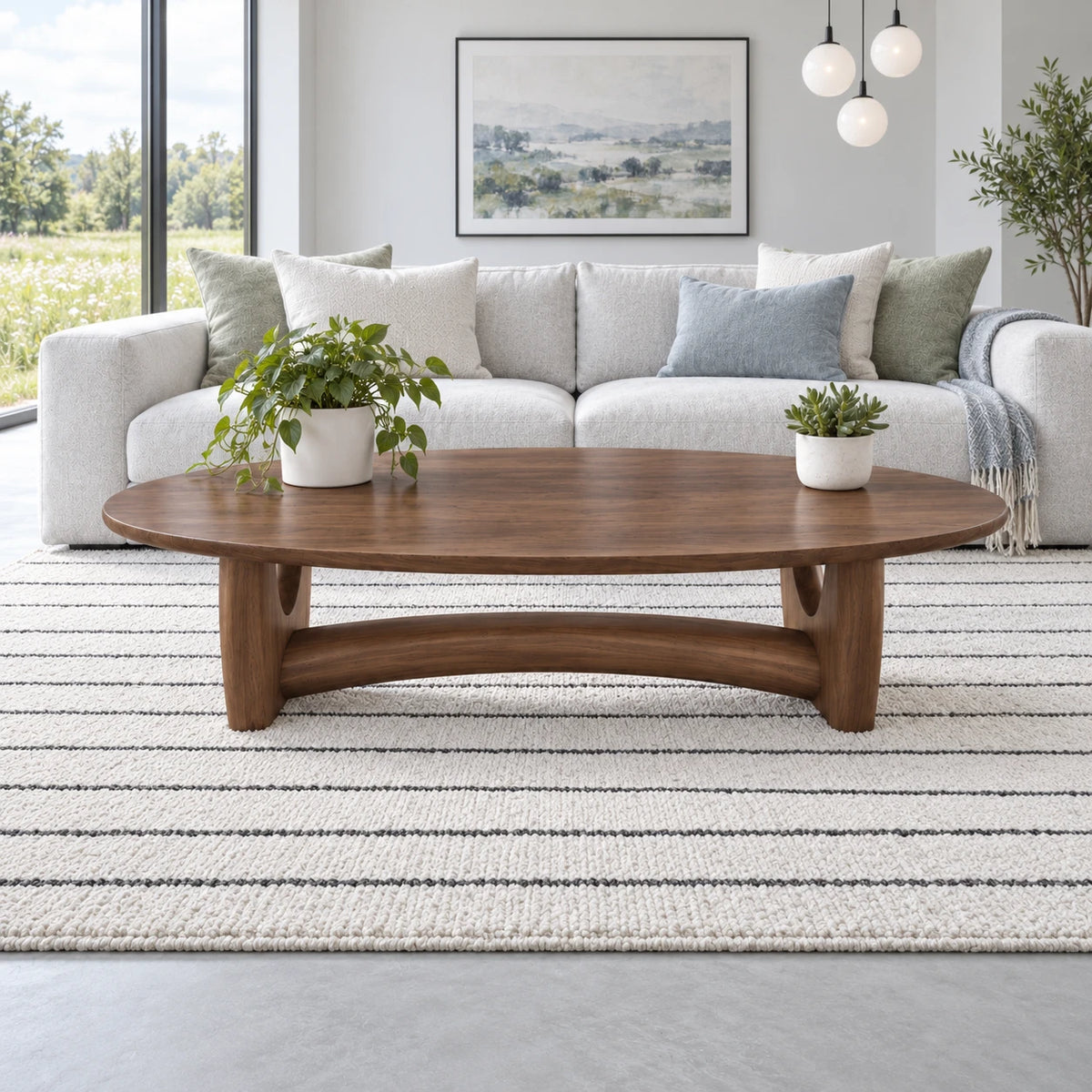 Oval Wood Coffee Table with Thin Elliptical Top on Twin Curved Leg Slabs - Arboriswood - 8