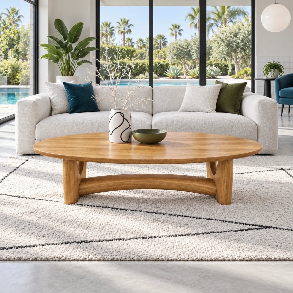 Oval Wood Coffee Table with Thin Elliptical Top on Twin Curved Leg Slabs - Arboriswood - 9