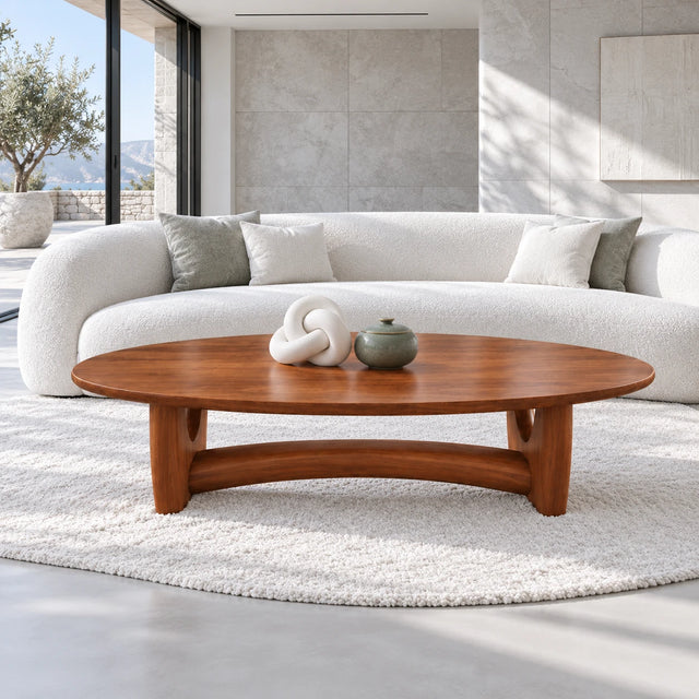 Oval Wood Coffee Table with Thin Elliptical Top on Twin Curved Leg Slabs - Arboriswood