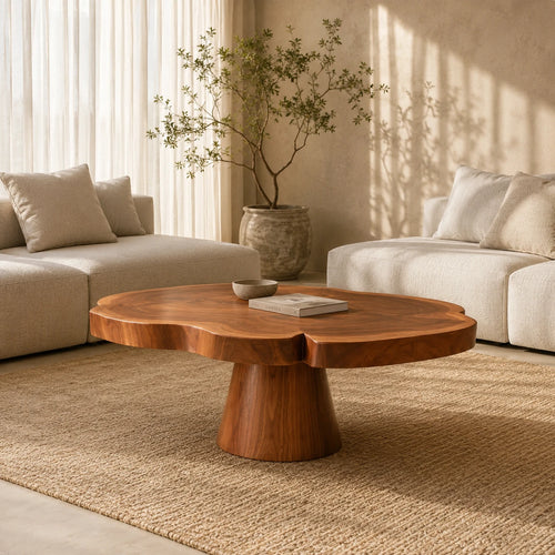 Round solid wood coffee table with sculpted pedestal base in a warm modern lounge
