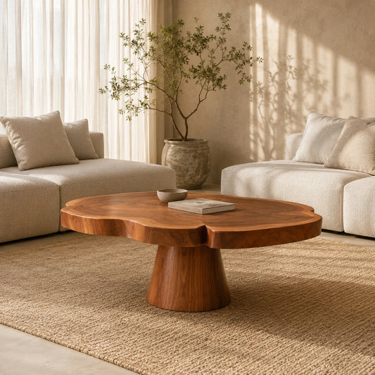 Round solid wood coffee table with sculpted pedestal base in a warm modern lounge