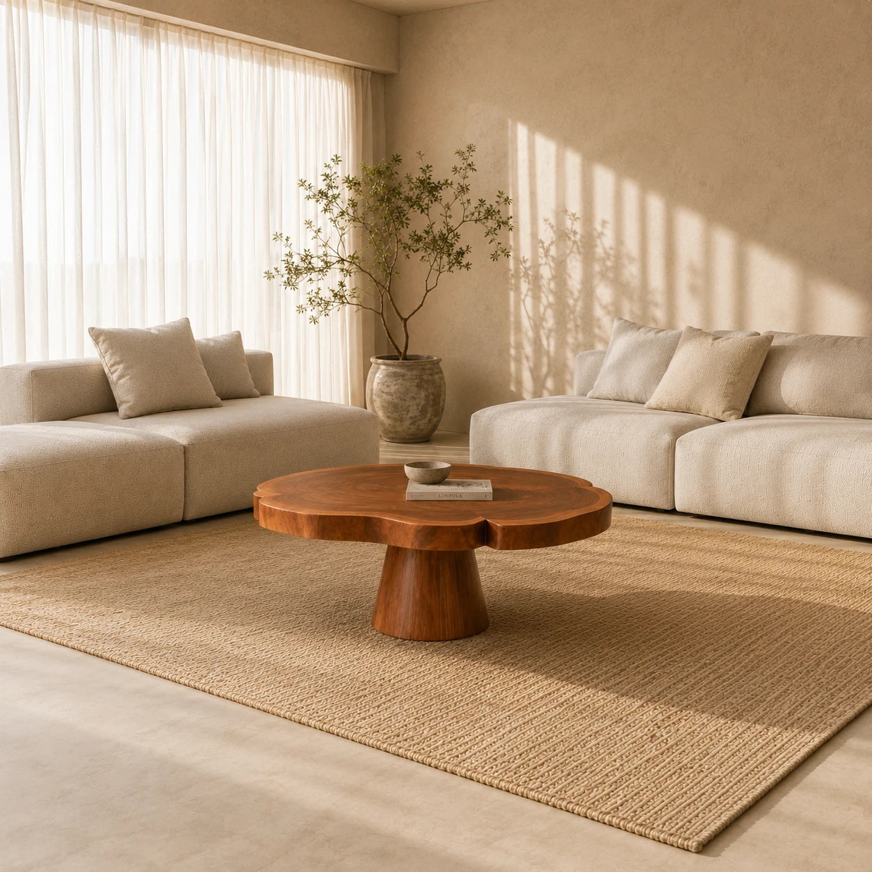 Sculptural coffee table with a rounded top and solid wood pedestal for calm interiors