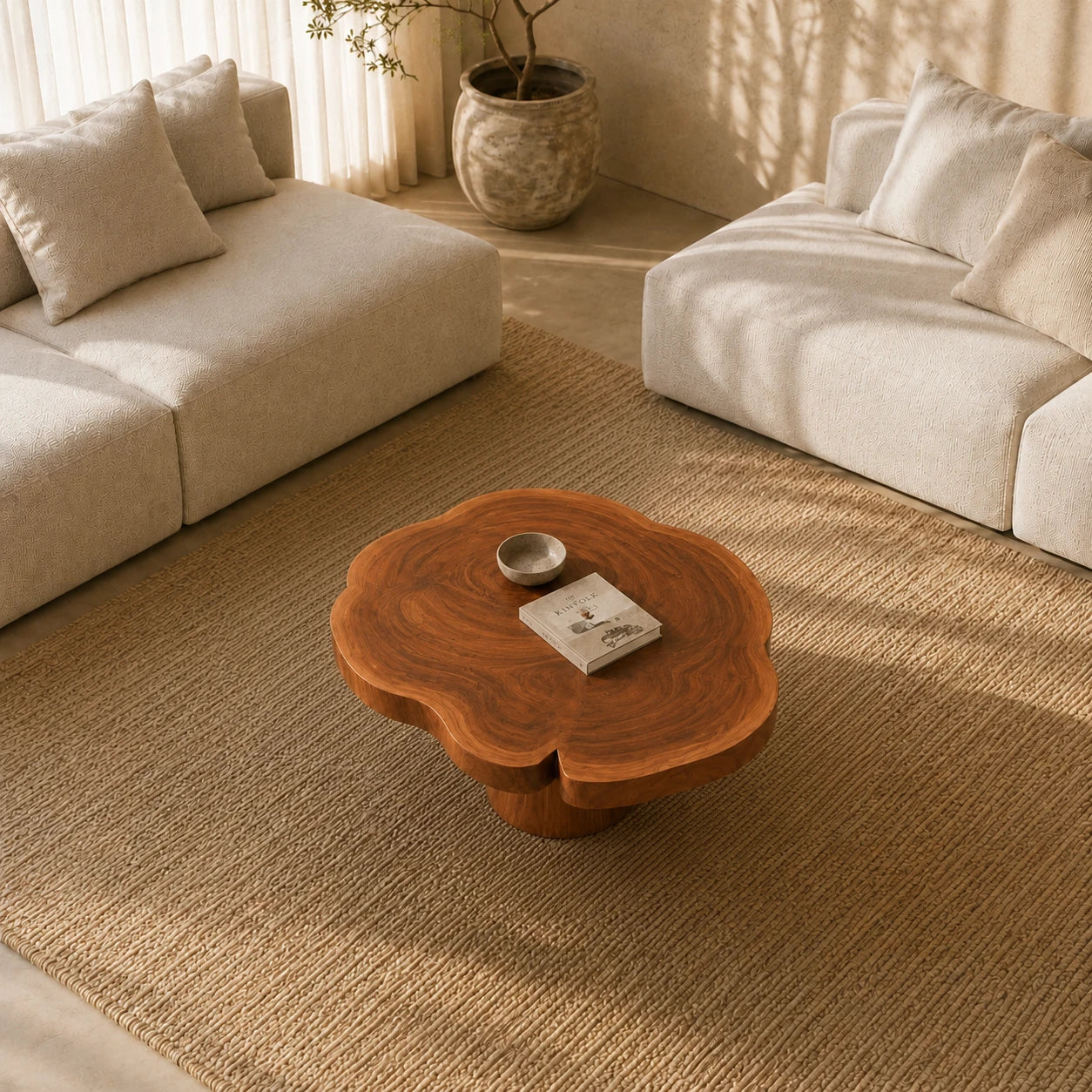 Contemporary solid wood coffee table with floral outline and sculpted base detail