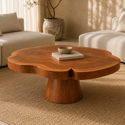 Handcrafted round coffee table in solid wood with a bold pedestal base and soft edges
