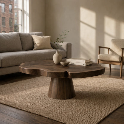 Organic shape coffee table with thick round top and sculptural pedestal base design
