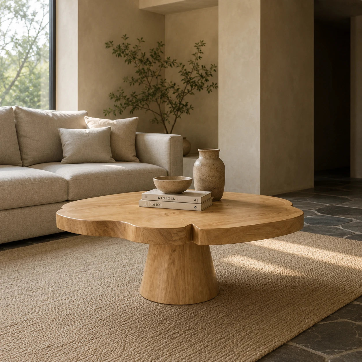 This pedestal coffee table features a broad round top and smooth handcrafted finish