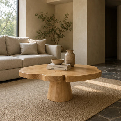 This pedestal coffee table features a broad round top and smooth handcrafted finish
