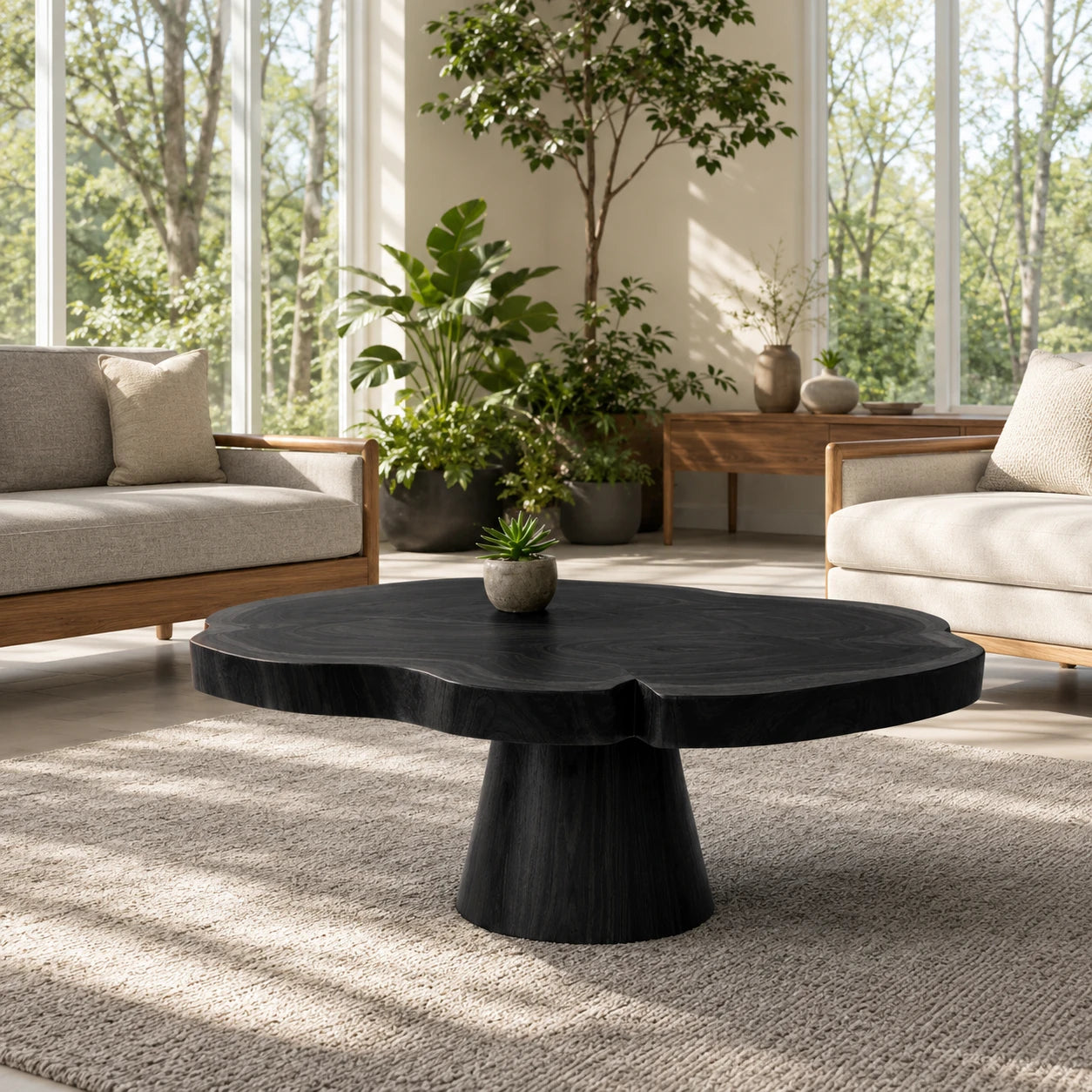 Designed as a statement coffee table with soft curves and warm wood for modern lounges