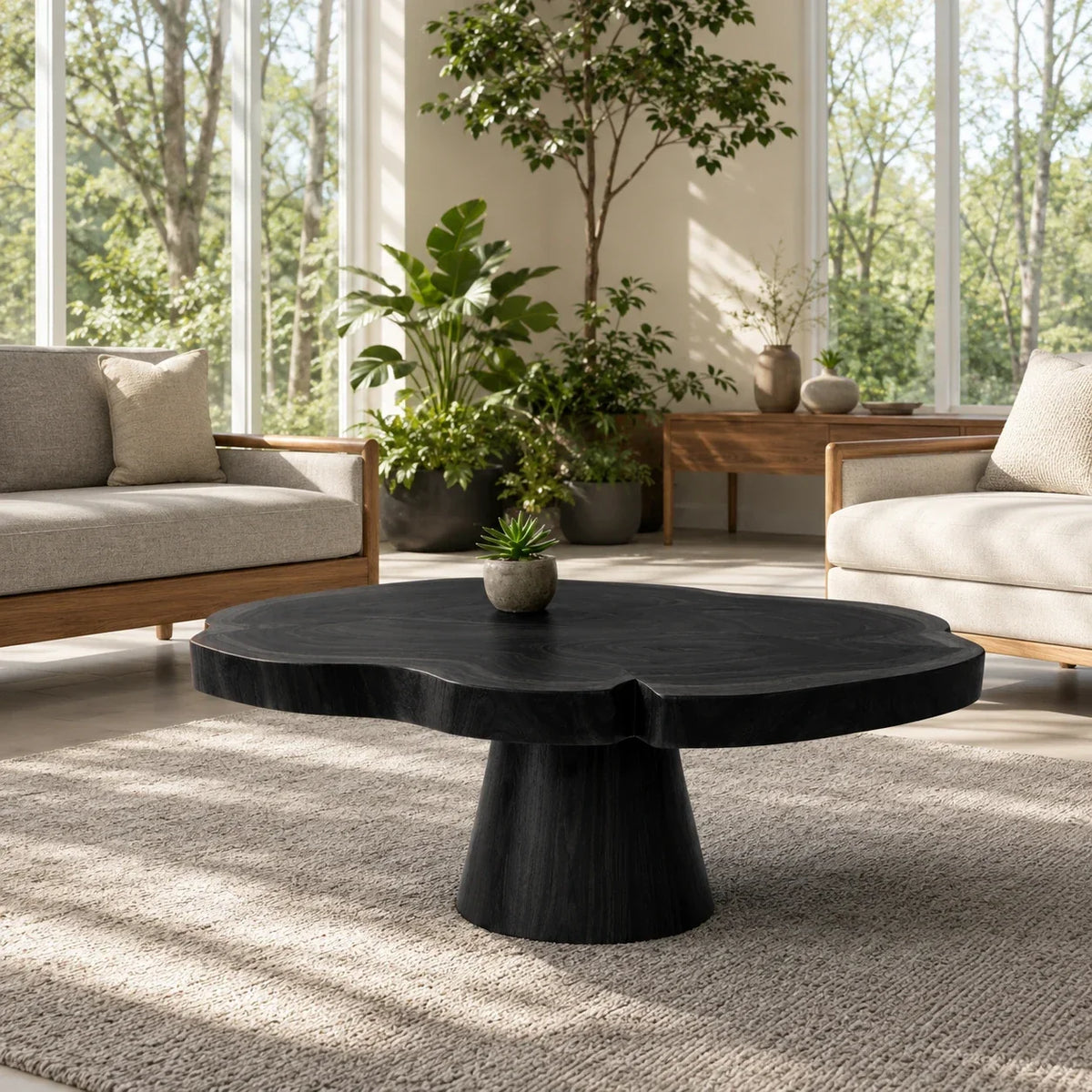 Designed as a statement coffee table with soft curves and warm wood for modern lounges