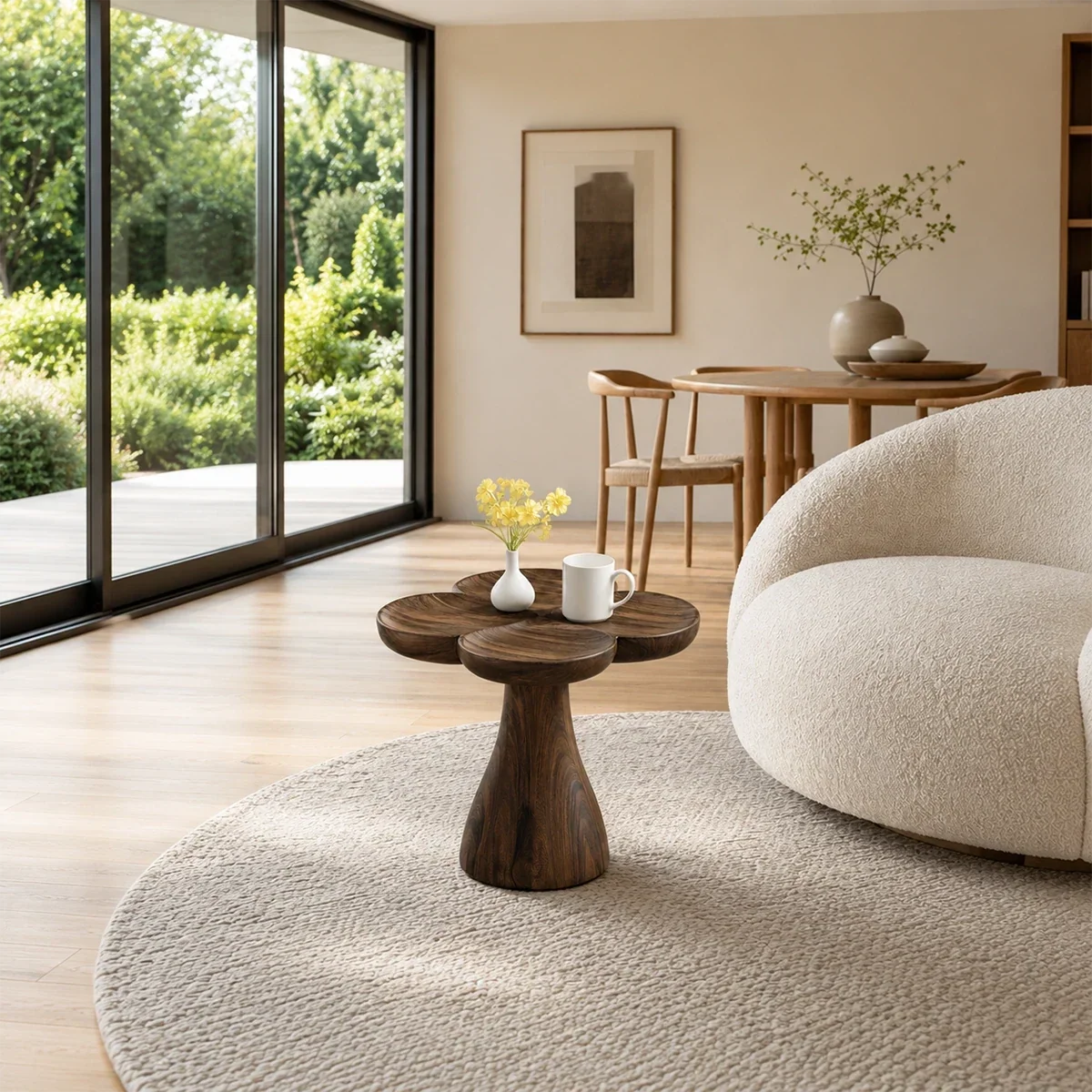 Organic modern side table styled beside curved seating in a calm neutral interior space