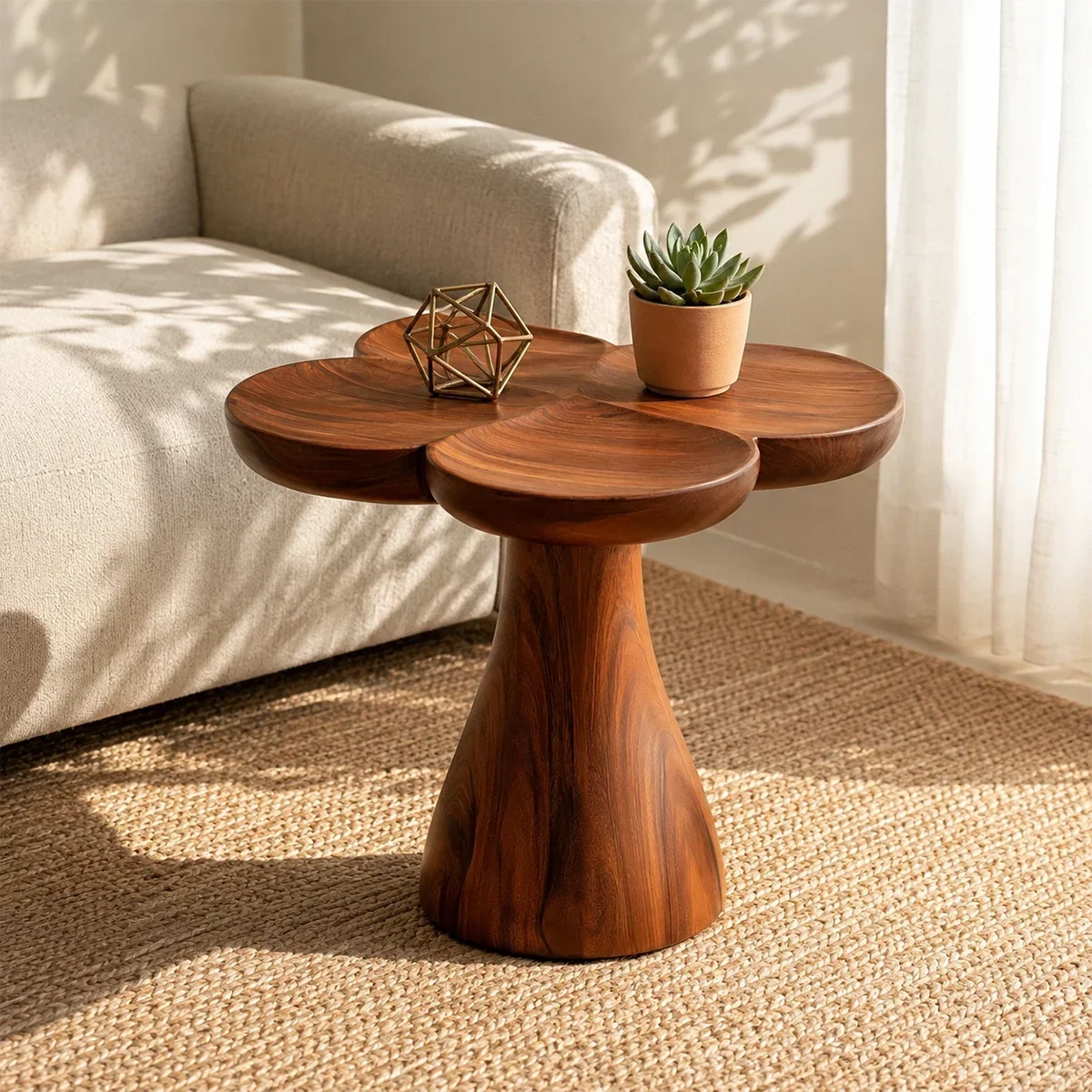 Curved side table adds sculptural character and practical surface to serene home interiors