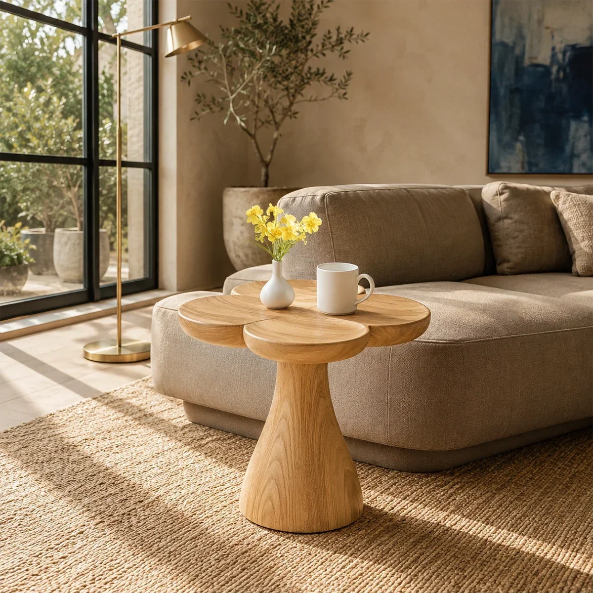Statement end table with clover inspired top and dark tone finish in a minimalist setting