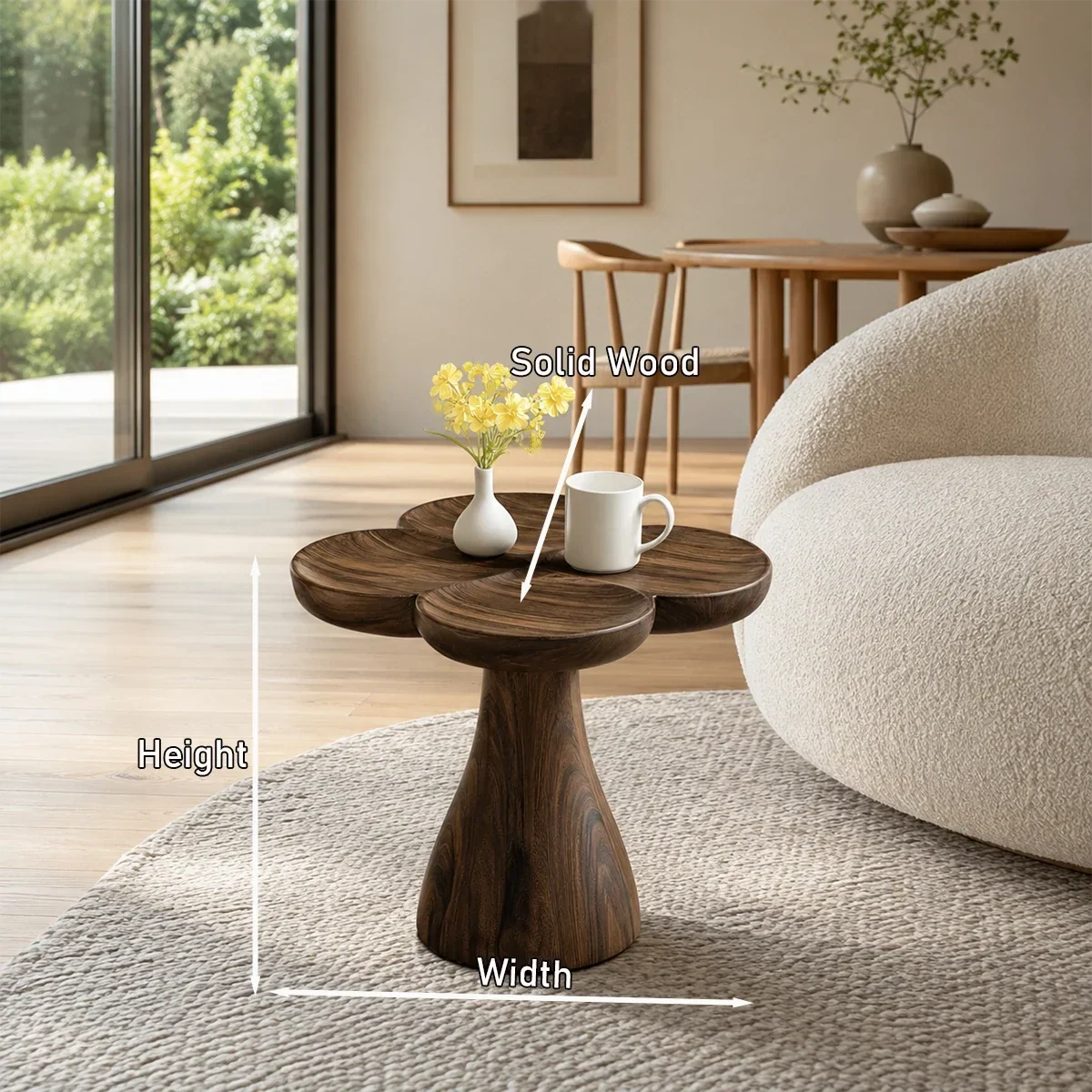 Contemporary end table showcases soft curves and rich wood tone in a calm modern room