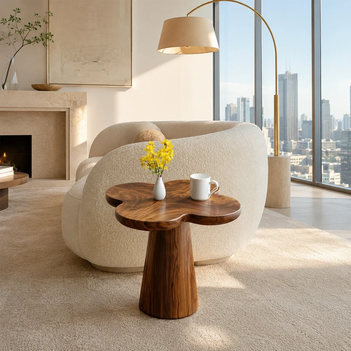 Sculptural end table with clover top and warm wood tone finish in a bright city room