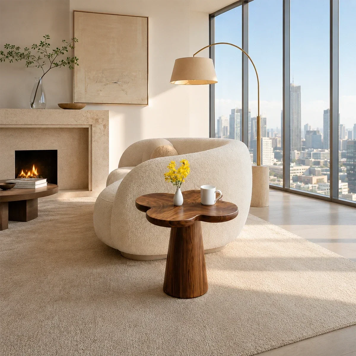 Organic modern side table styled beside curved seating in a refined urban interior