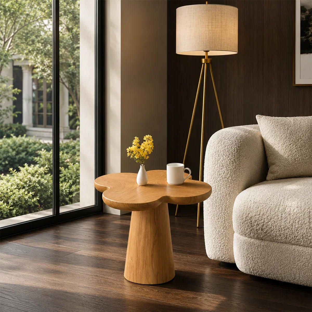 Statement end table with a flower inspired top and clean pedestal base in a calm home