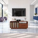 This solid wood entertainment unit combines LP storage, display space, and drawer
