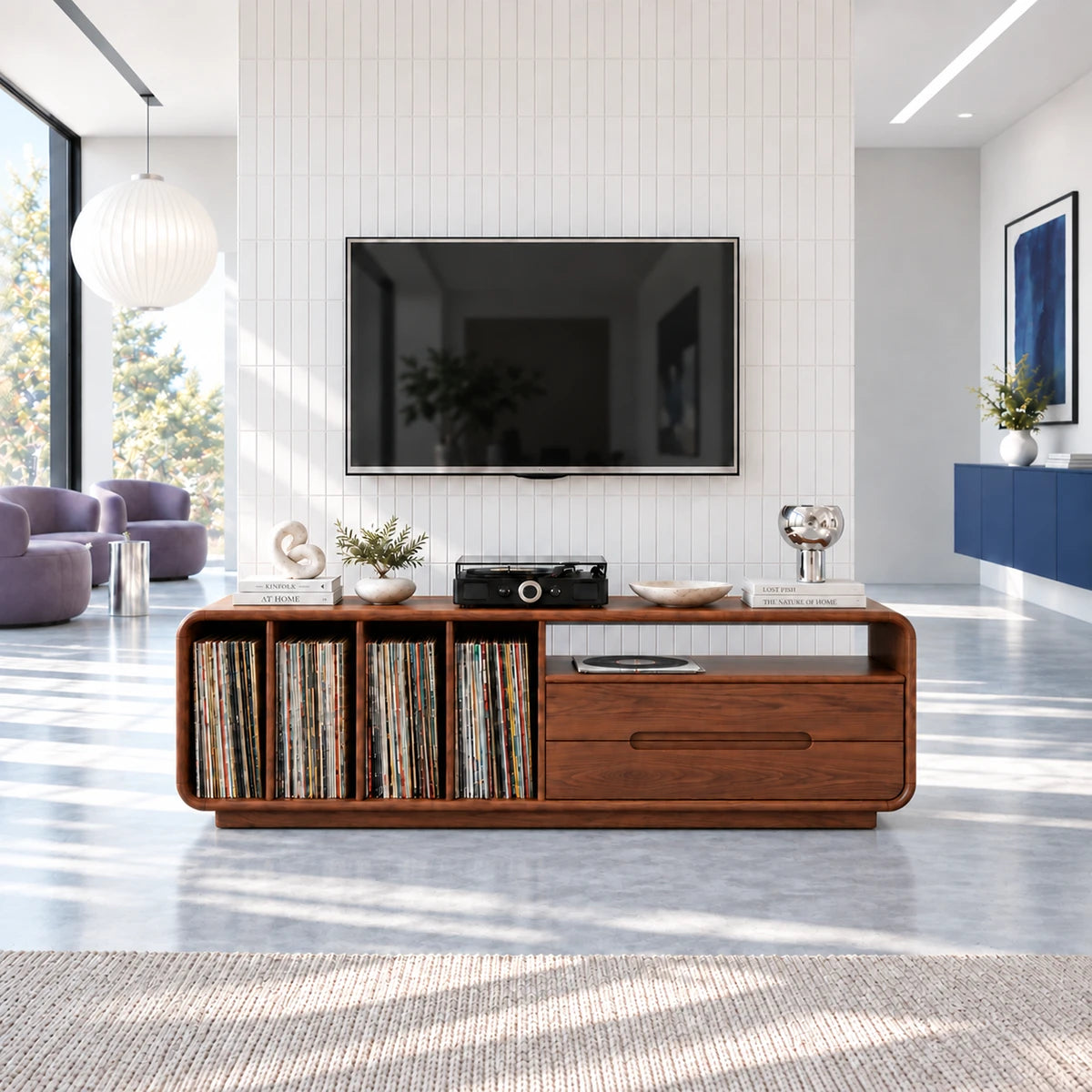 Perfect as a media console, this solid wood stand organizes records and accessories
