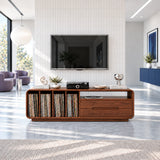 Perfect as a media console, this solid wood stand organizes records and accessories
