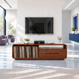 Minimalist vinyl storage TV stand in solid wood with rounded corners and drawer space