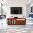 Rounded solid wood TV stand with vinyl storage, turntable shelf, and wide drawer