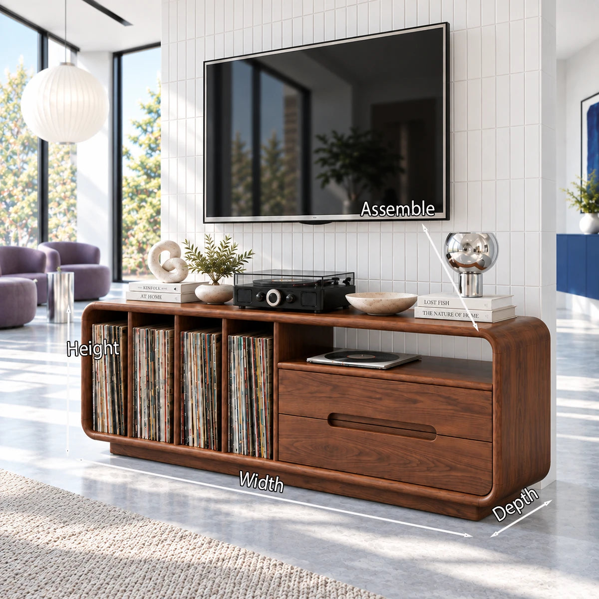 Functional record cabinet in solid wood with open shelf, vinyl dividers, and drawer
