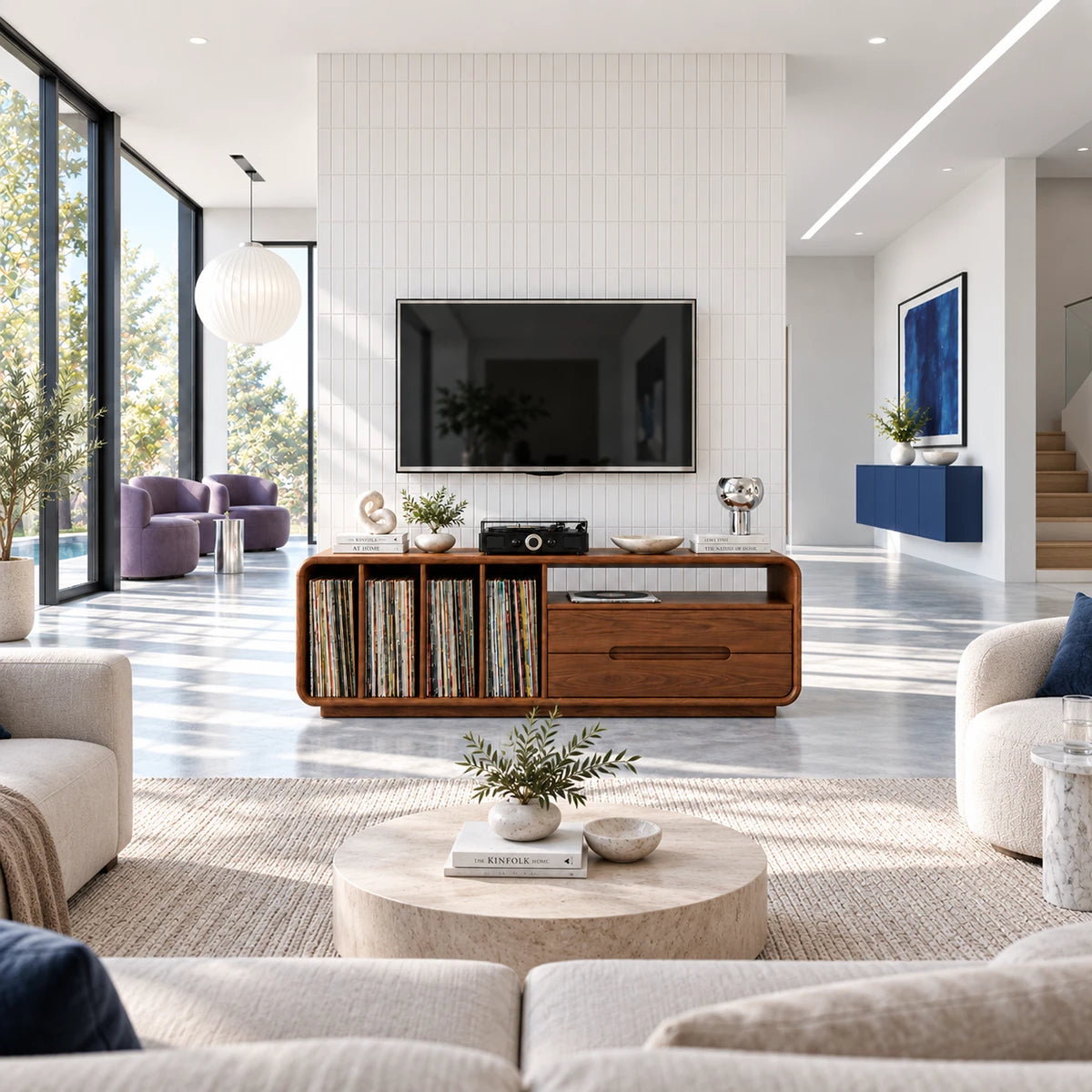 Modern media console in solid wood with record storage slots and lower drawer below
