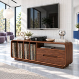 Low profile entertainment center in solid wood with LP storage and open shelf space
