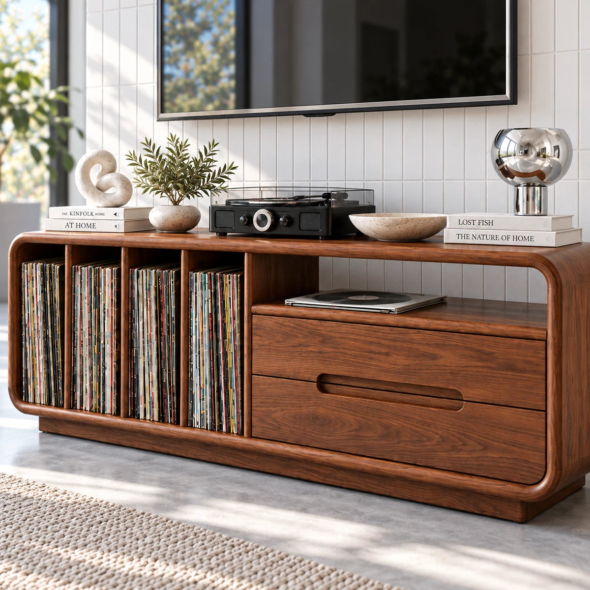 Sleek record player stand in solid wood with album storage and pull-out drawer below
