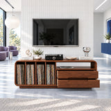Contemporary TV console cabinet in solid wood with turntable space and LP rack inside
