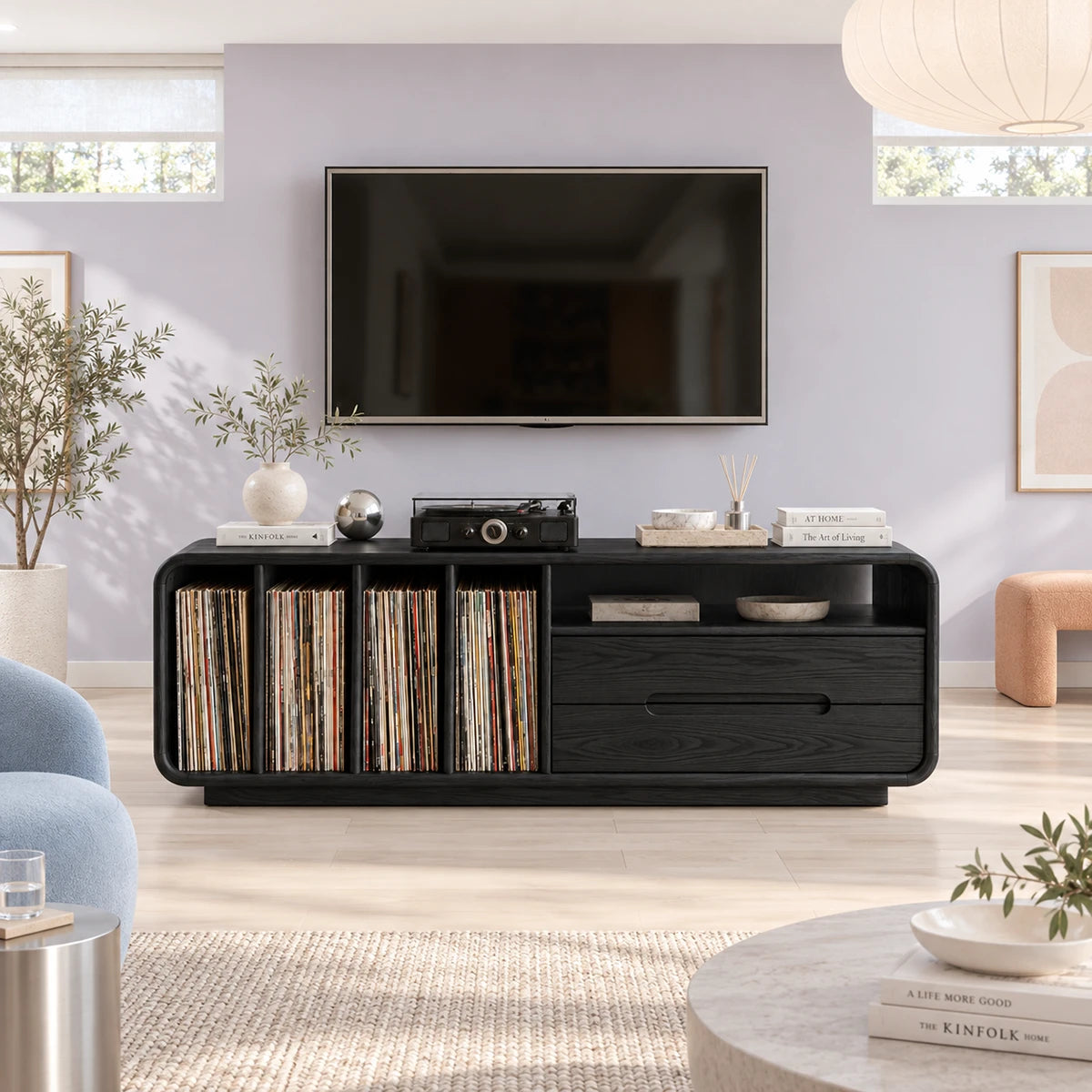 Crafted as a solid wood TV console, it holds LPs, audio gear, and decor with ease
