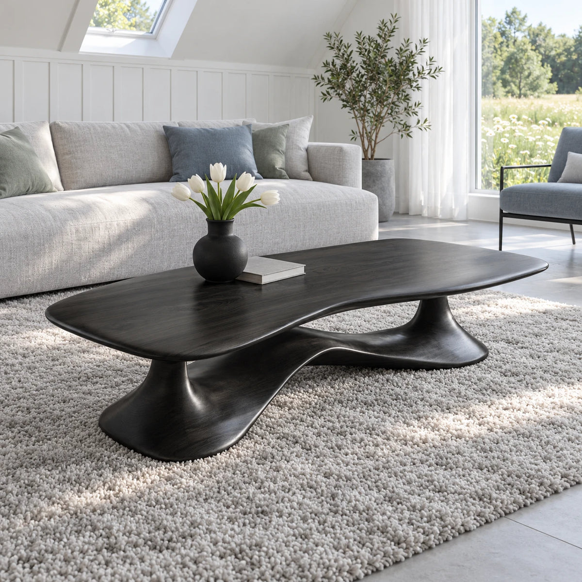 Rectangle Coffee Table with Free-Form Slab Top on Single Flared Sweep Pedestal - Arboriswood - 10