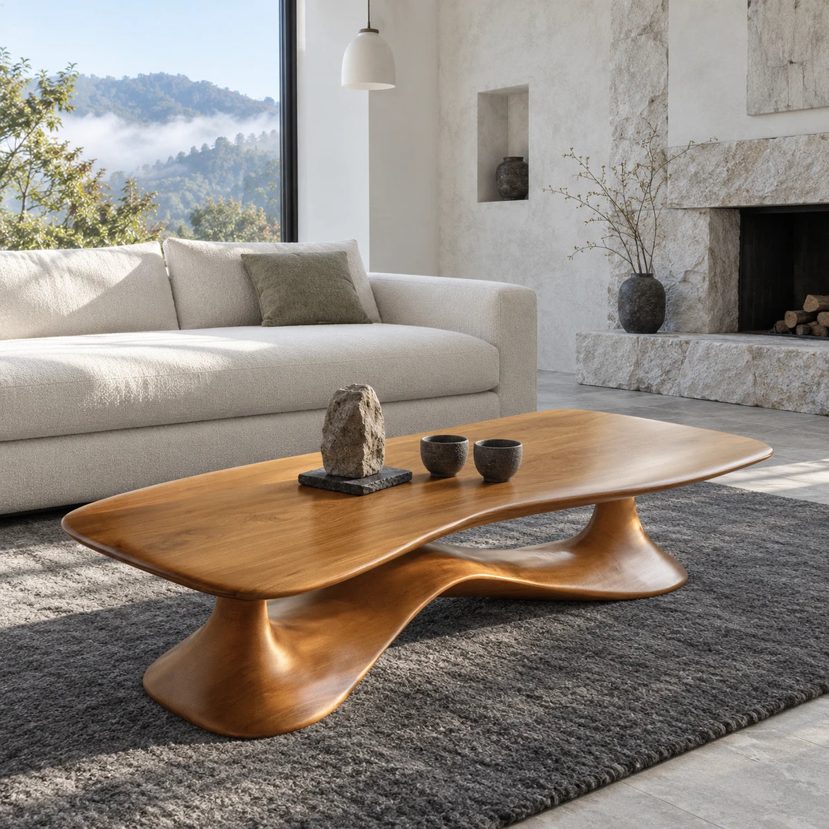 Rectangle Coffee Table with Free-Form Slab Top on Single Flared Sweep Pedestal - Arboriswood - 8