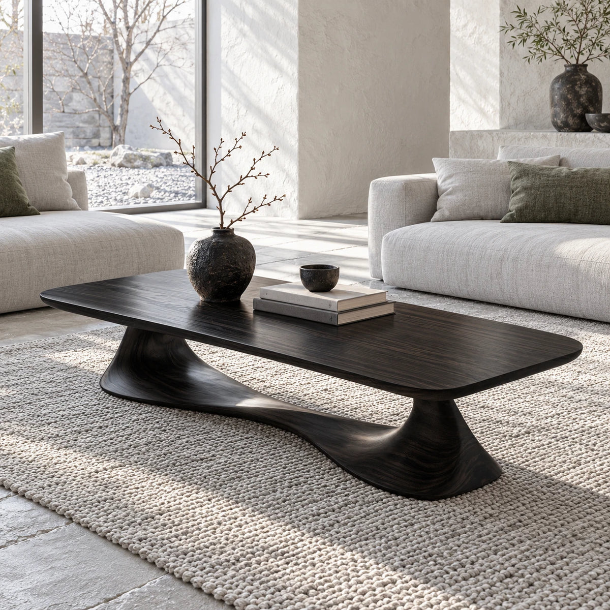 Rectangle Coffee Table with Thin Rounded Slab Top on Single Twisting Wave Base - Arboriswood - 10