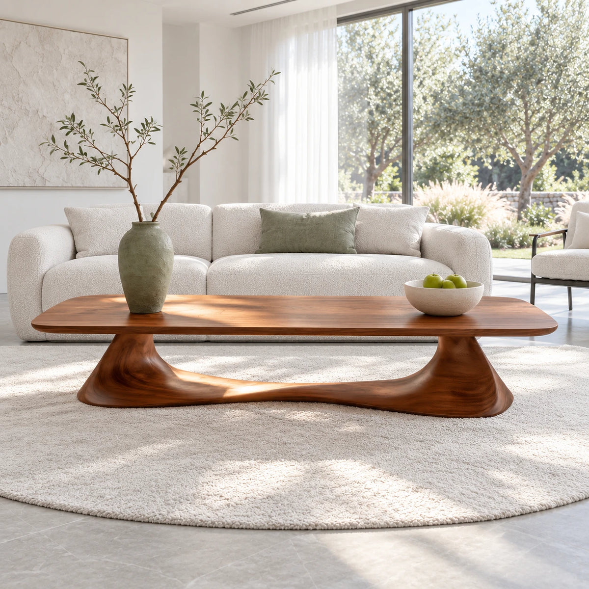 Rectangle Coffee Table with Thin Rounded Slab Top on Single Twisting Wave Base - Arboriswood - 2