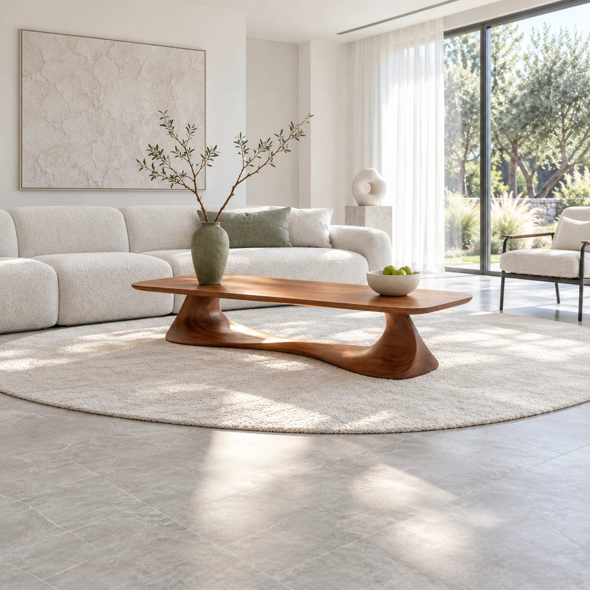 Rectangle Coffee Table with Thin Rounded Slab Top on Single Twisting Wave Base - Arboriswood - 3